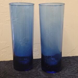 Cobalt Blue Two Tom Collins, Highball, Cocktail Glasses. Blown Glass 7 1/8" Tall